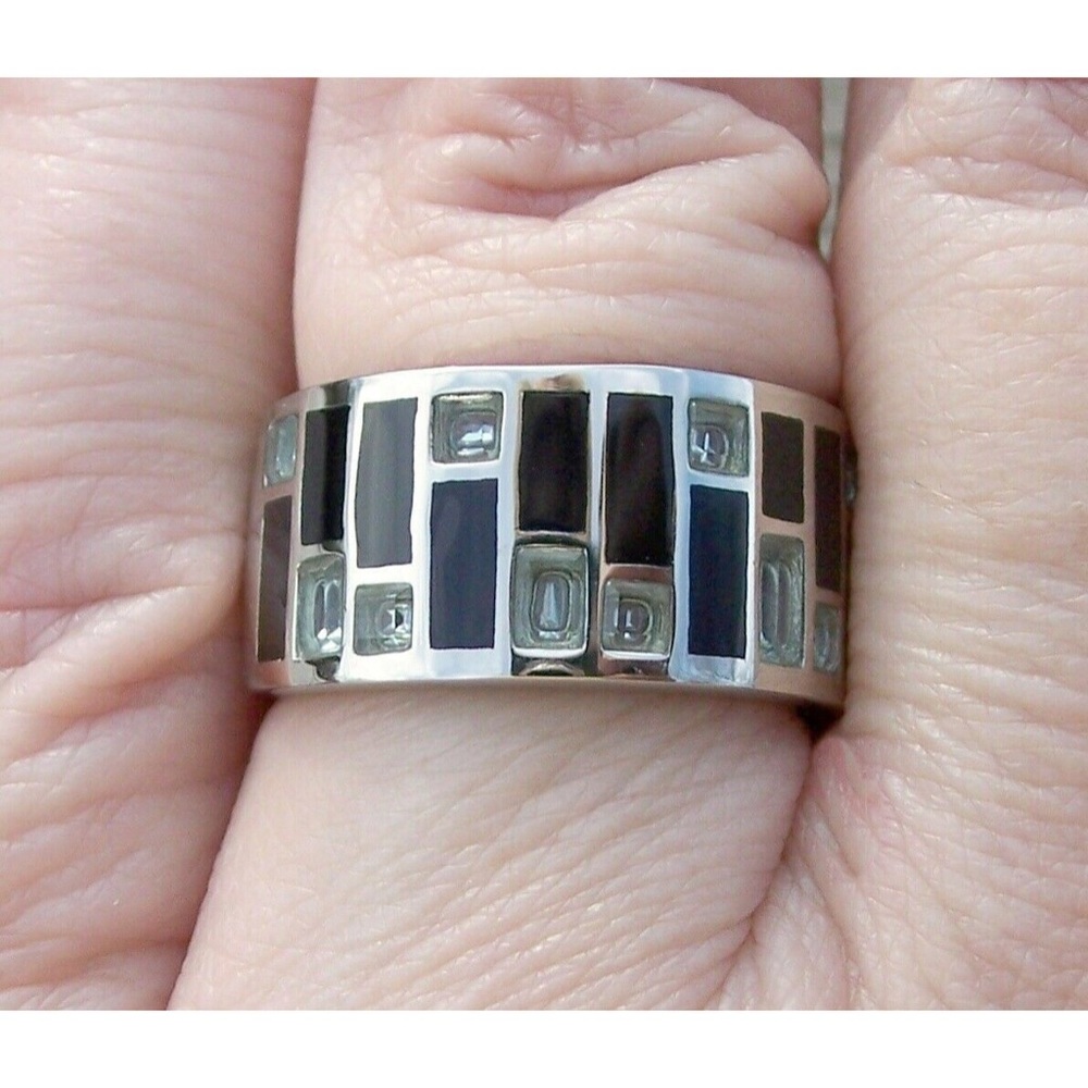 STAINLESS STEEL Sea Blue CZ Art Deco Band Ring - Picture 5 of 16